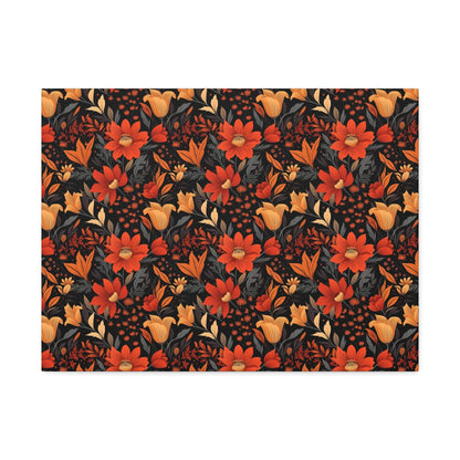 Autumn Blossom Noir: A Dark Floral Canvas - Satin Canvas, Stretched - Pattern Symphony