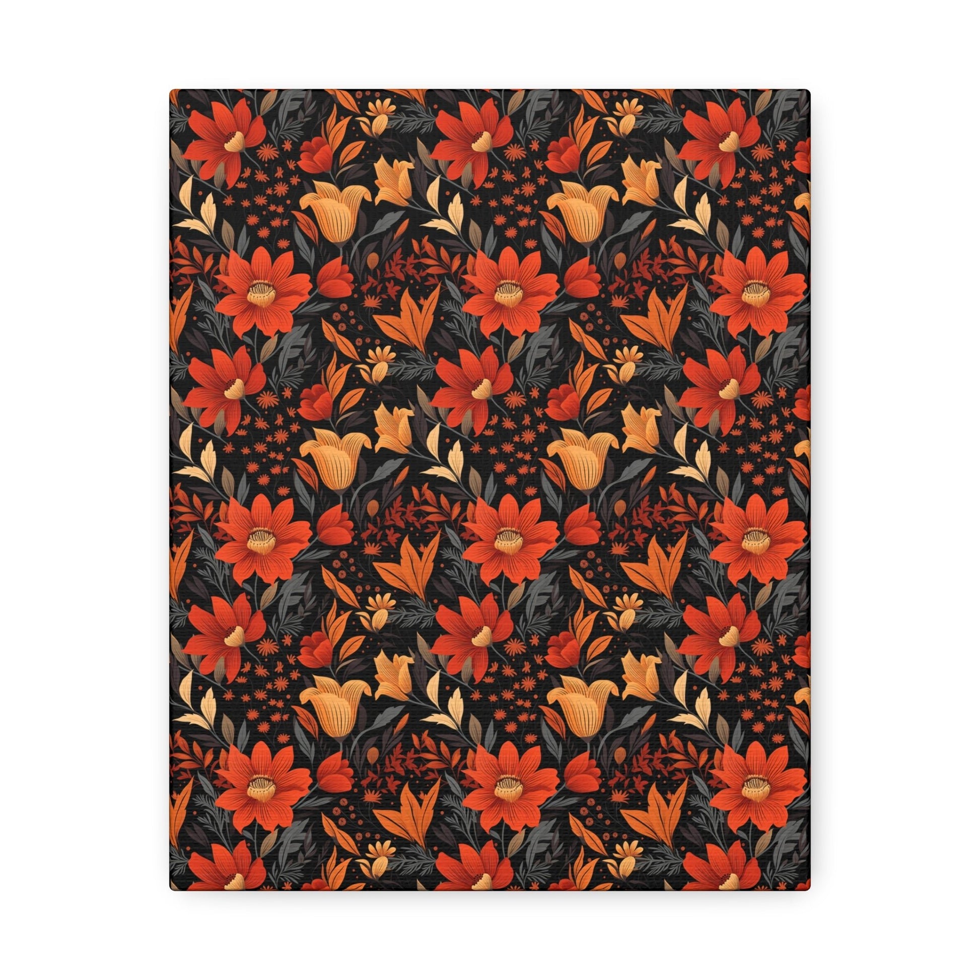 Autumn Blossom Noir: A Dark Floral Canvas - Satin Canvas, Stretched - Pattern Symphony