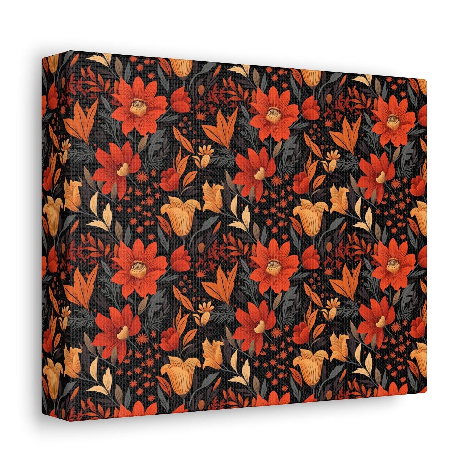 Autumn Blossom Noir: A Dark Floral Canvas - Satin Canvas, Stretched - Pattern Symphony