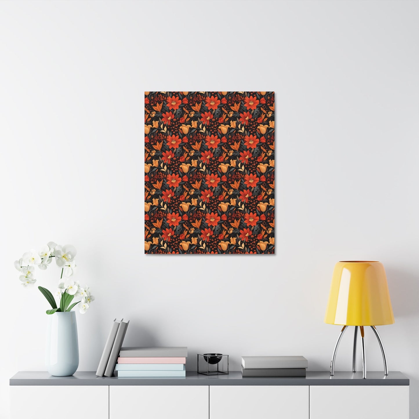 Autumn Blossom Noir: A Dark Floral Canvas - Satin Canvas, Stretched - Pattern Symphony