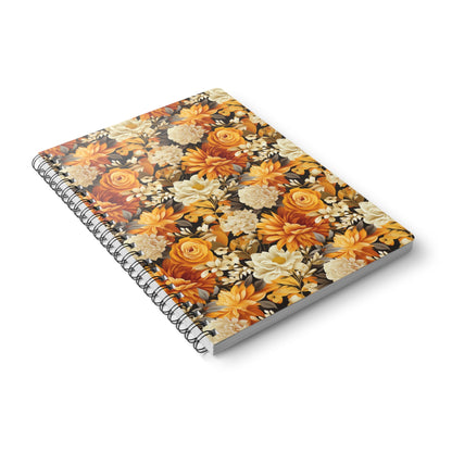 Autumnal Romance: Golden and White Blossoms on Black - Notebook (A5) - Pattern Symphony