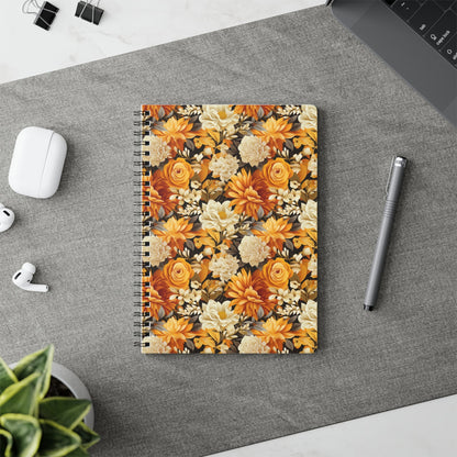 Autumnal Romance: Golden and White Blossoms on Black - Notebook (A5) - Pattern Symphony