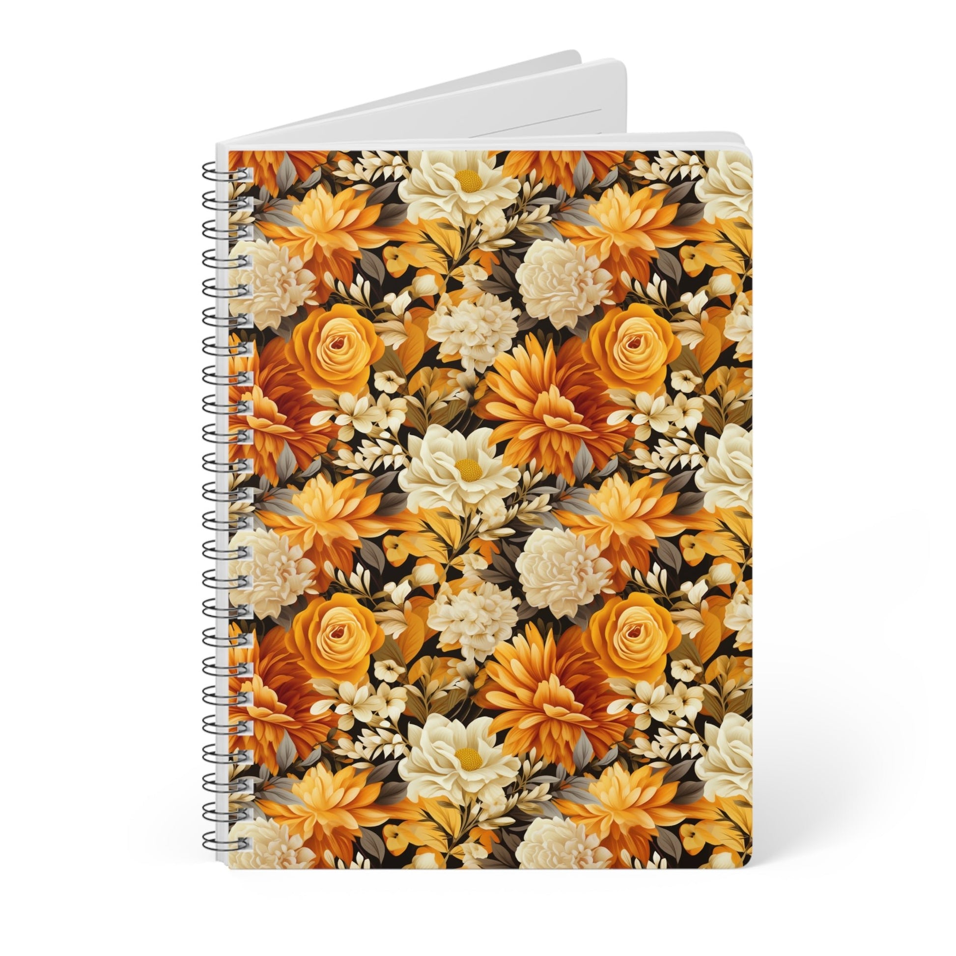 Autumnal Romance: Golden and White Blossoms on Black - Notebook (A5) - Pattern Symphony