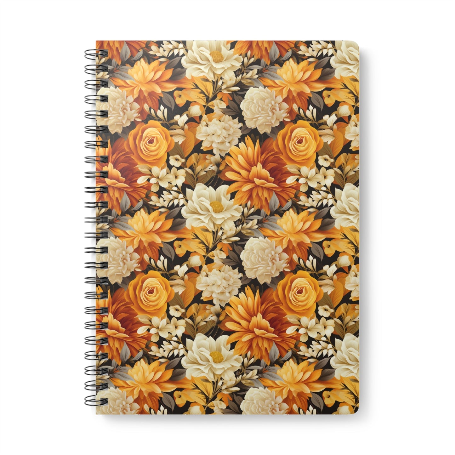 Autumnal Romance: Golden and White Blossoms on Black - Notebook (A5) - Pattern Symphony