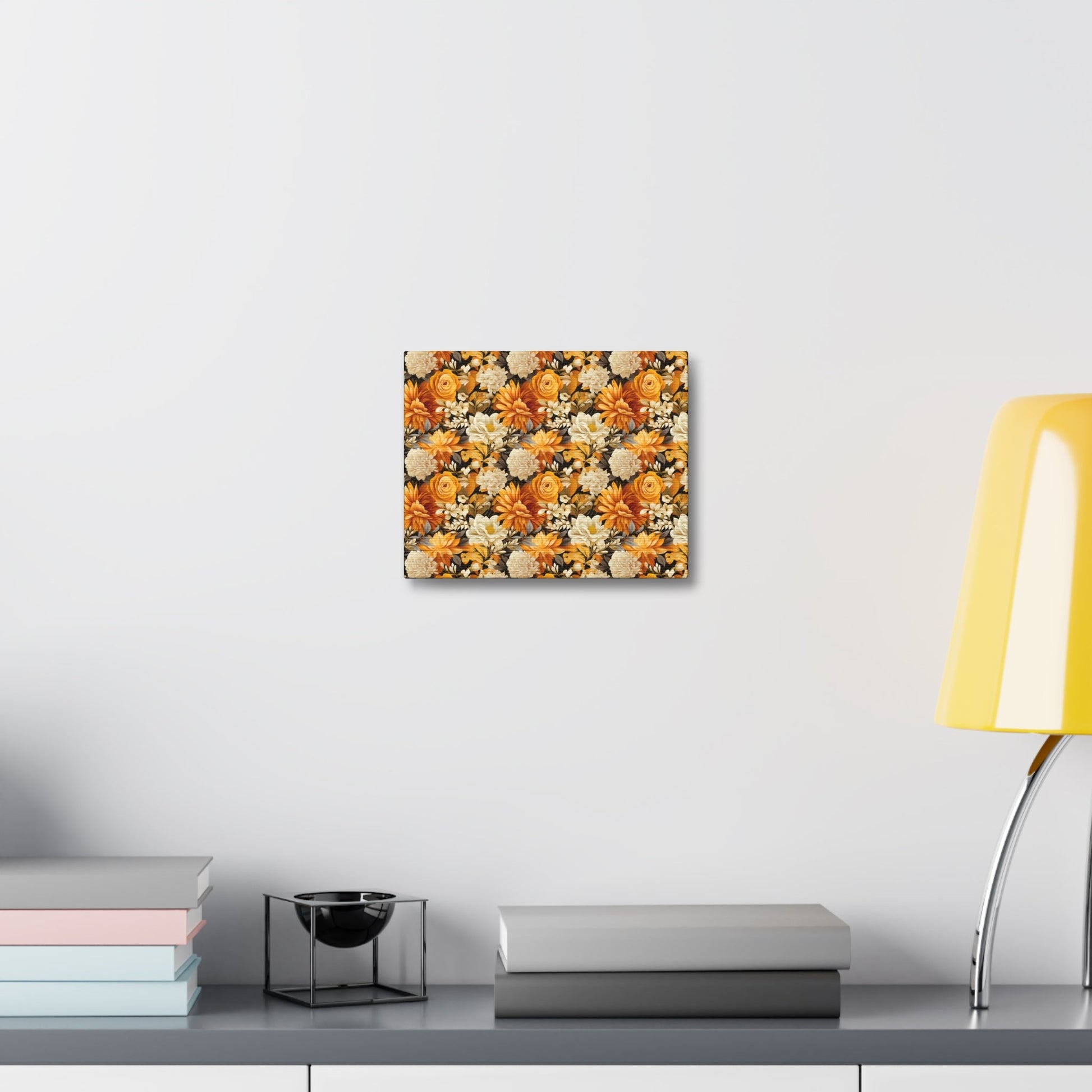 Autumnal Romance: Golden and White Blossoms on Black - Satin Canvas, Stretched - Pattern Symphony