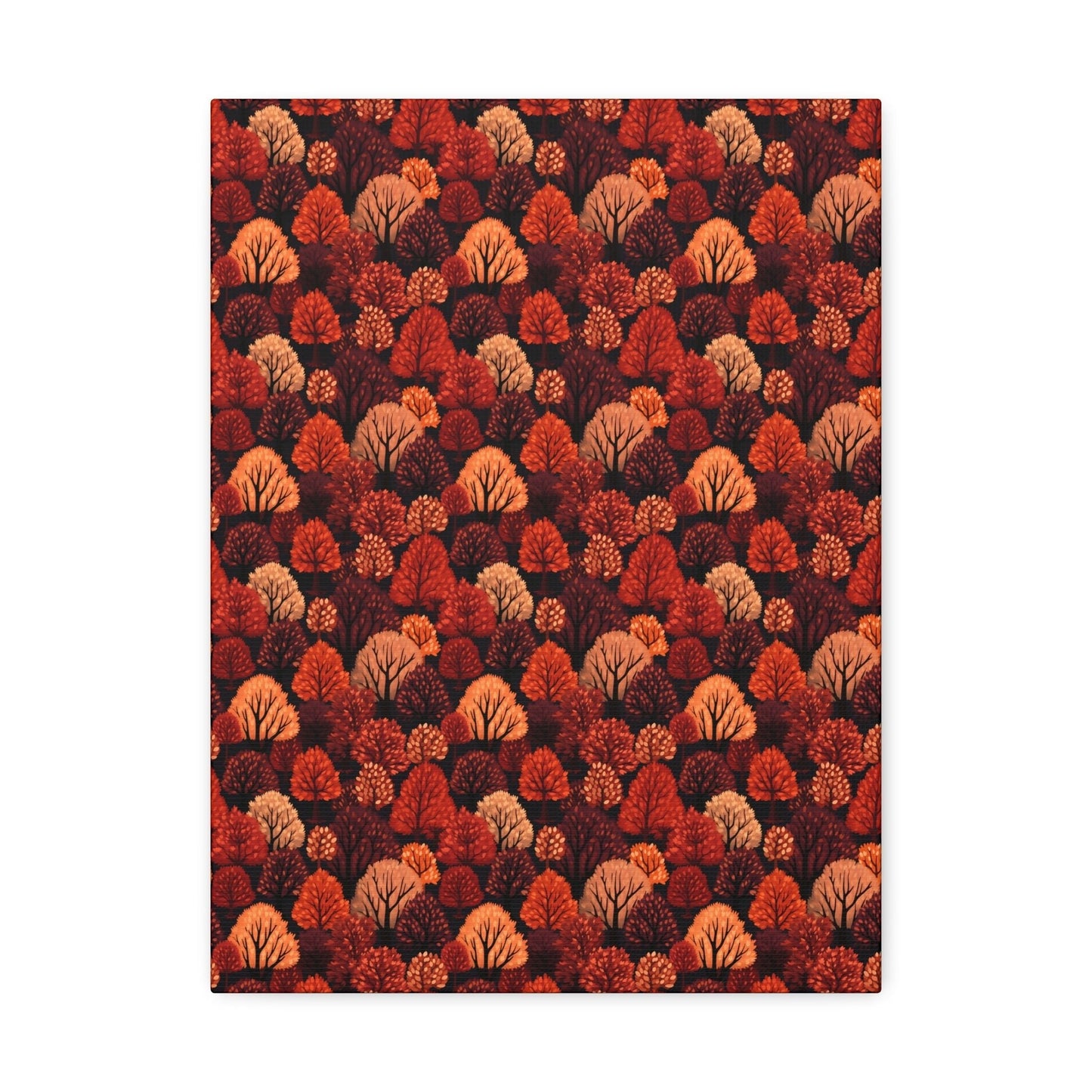 Crimson Forest: Autumn Trees in Vibrant Detail - Satin Canvas, Stretched - Pattern Symphony