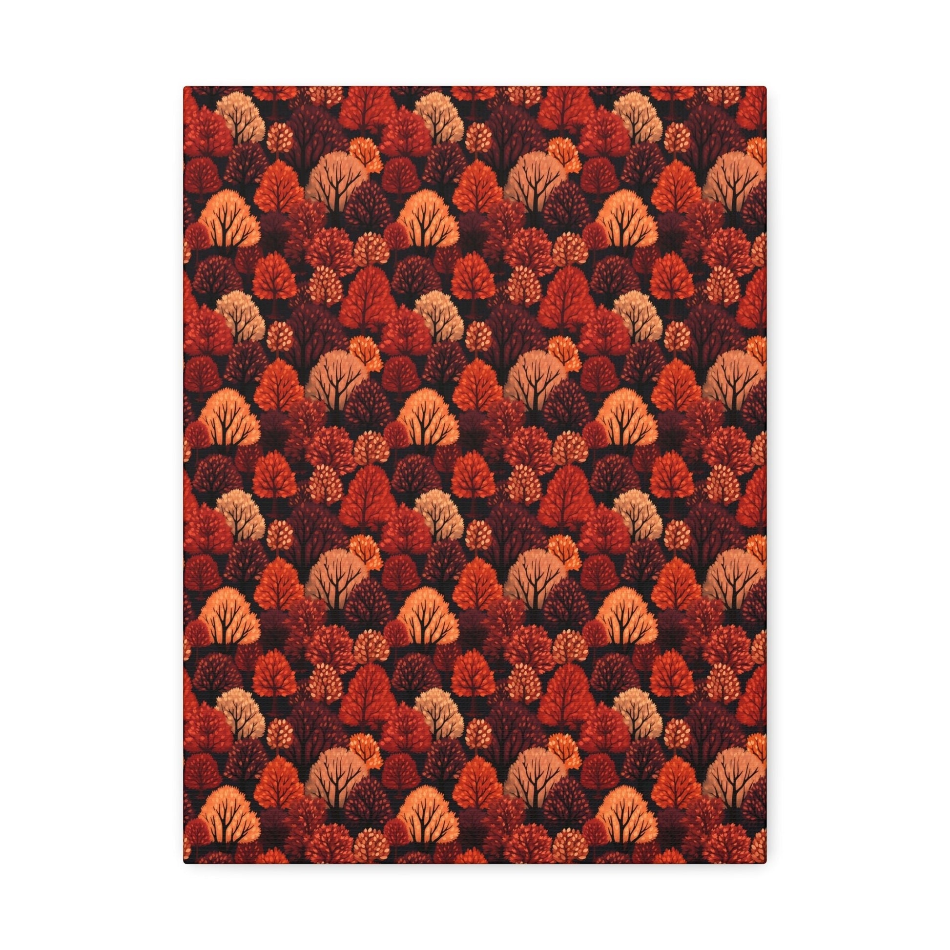 Crimson Forest: Autumn Trees in Vibrant Detail - Satin Canvas, Stretched - Pattern Symphony