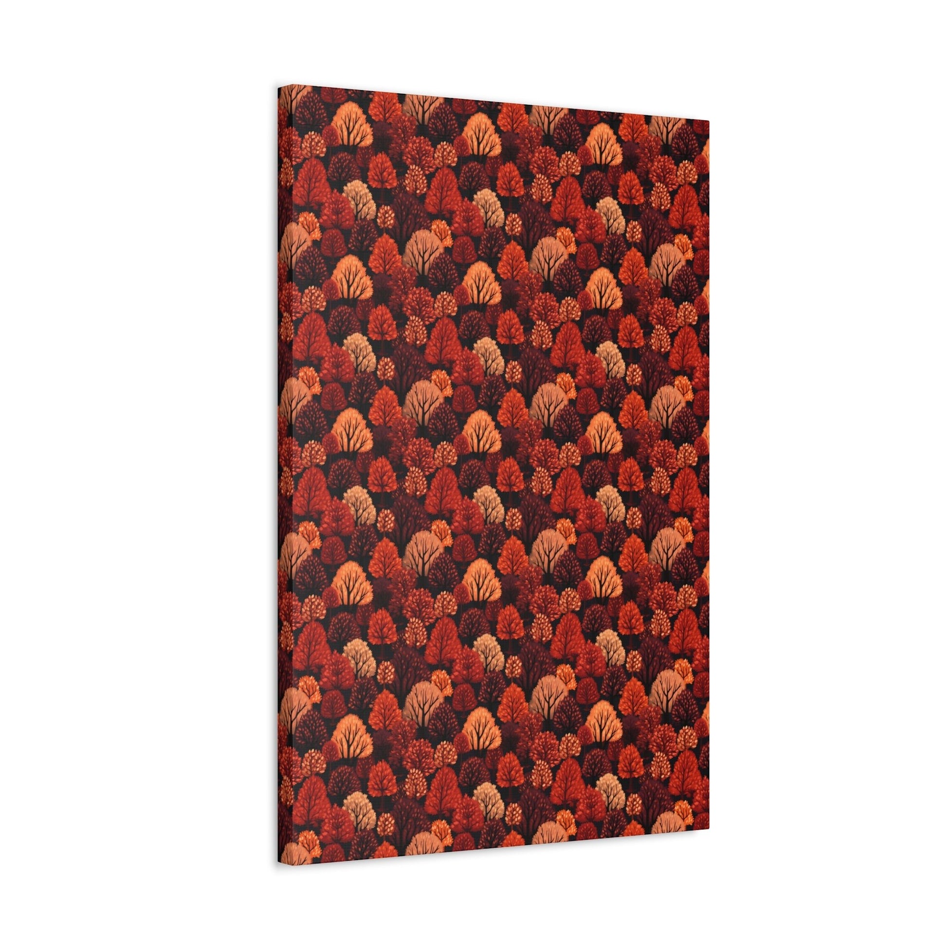 Crimson Forest: Autumn Trees in Vibrant Detail - Satin Canvas, Stretched - Pattern Symphony