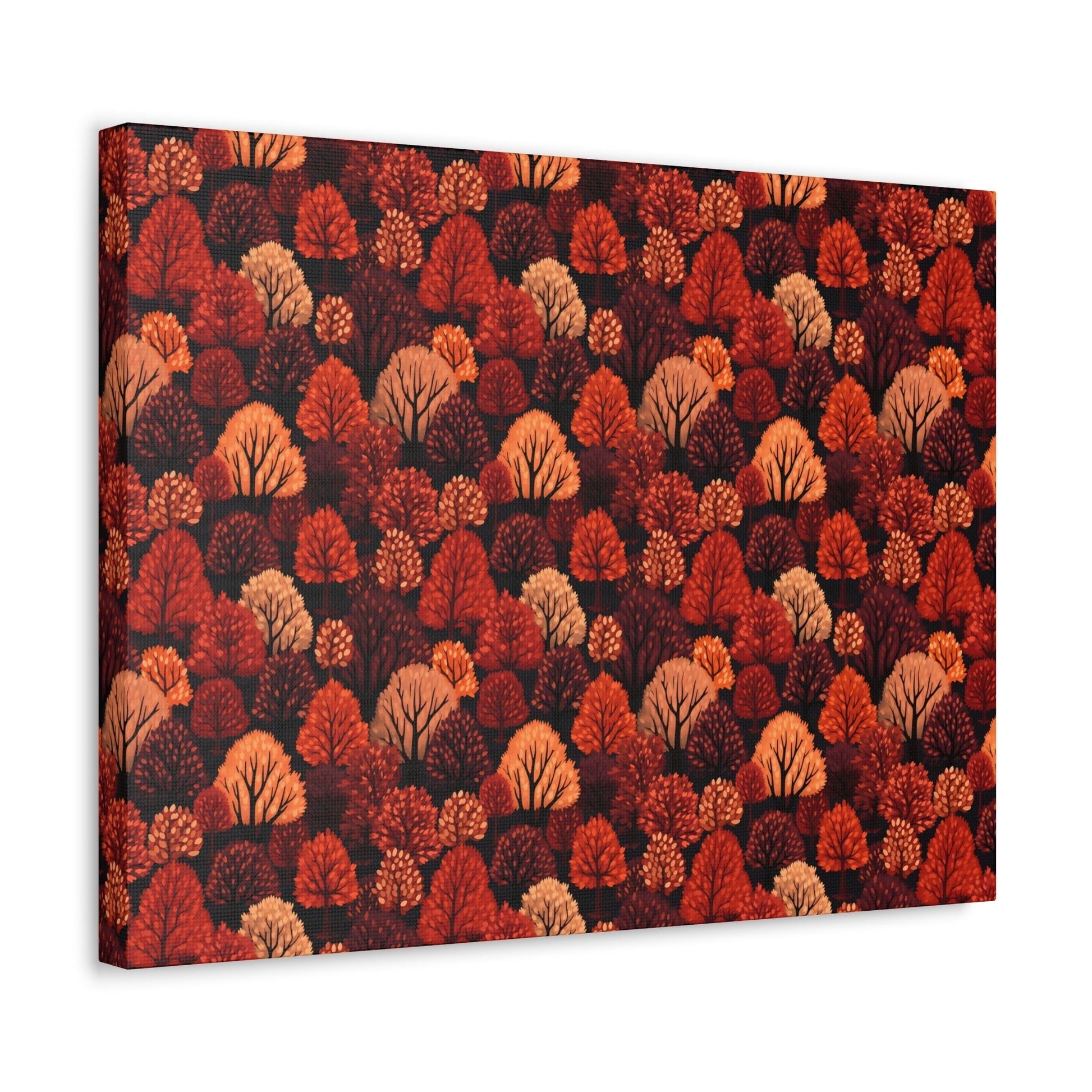 Crimson Forest: Autumn Trees in Vibrant Detail - Satin Canvas, Stretched - Pattern Symphony