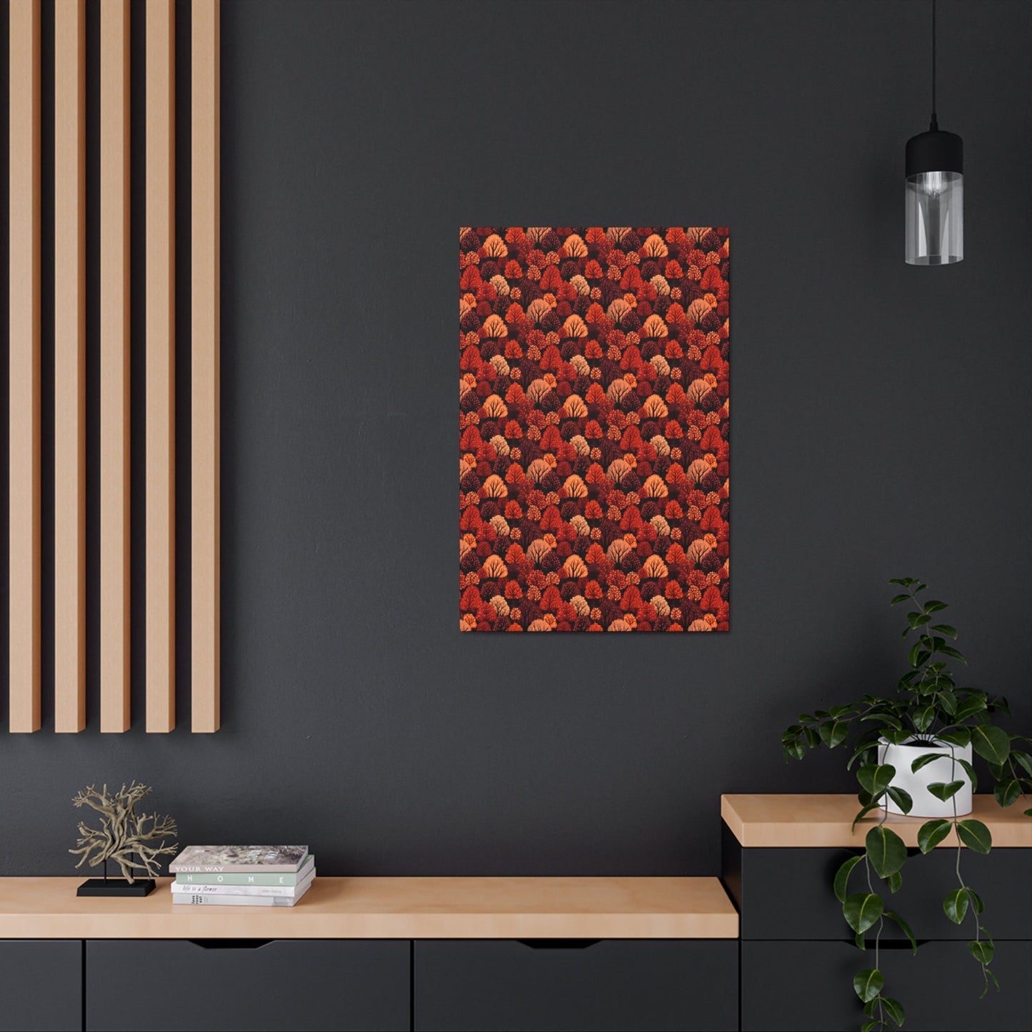 Crimson Forest: Autumn Trees in Vibrant Detail - Satin Canvas, Stretched - Pattern Symphony