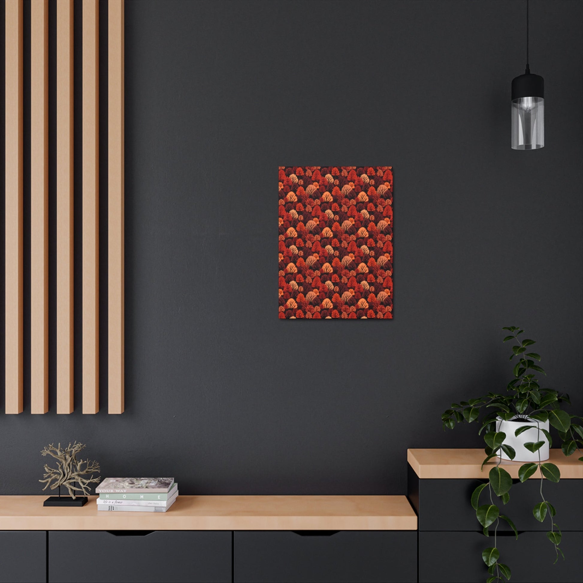 Crimson Forest: Autumn Trees in Vibrant Detail - Satin Canvas, Stretched - Pattern Symphony