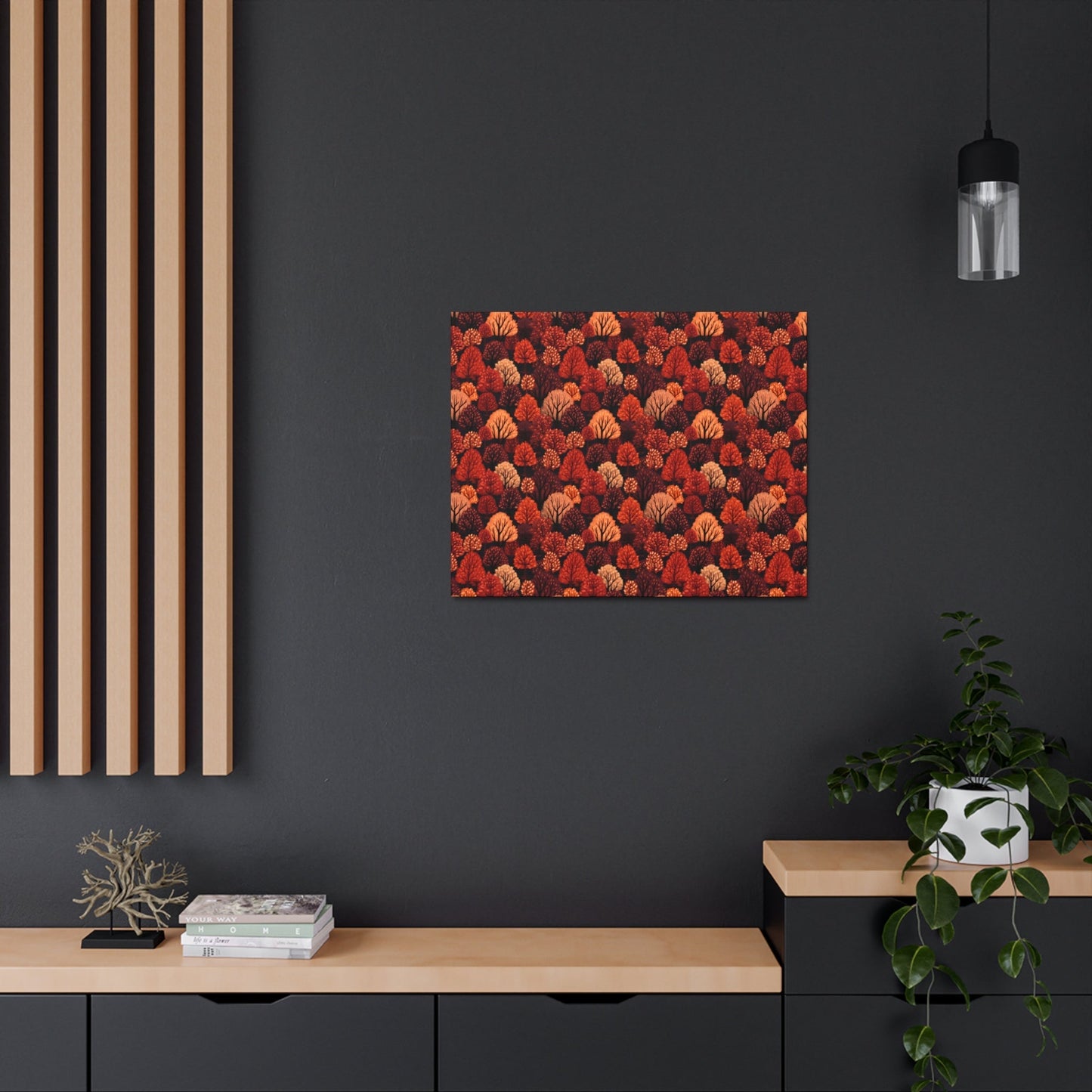 Crimson Forest: Autumn Trees in Vibrant Detail - Satin Canvas, Stretched - Pattern Symphony