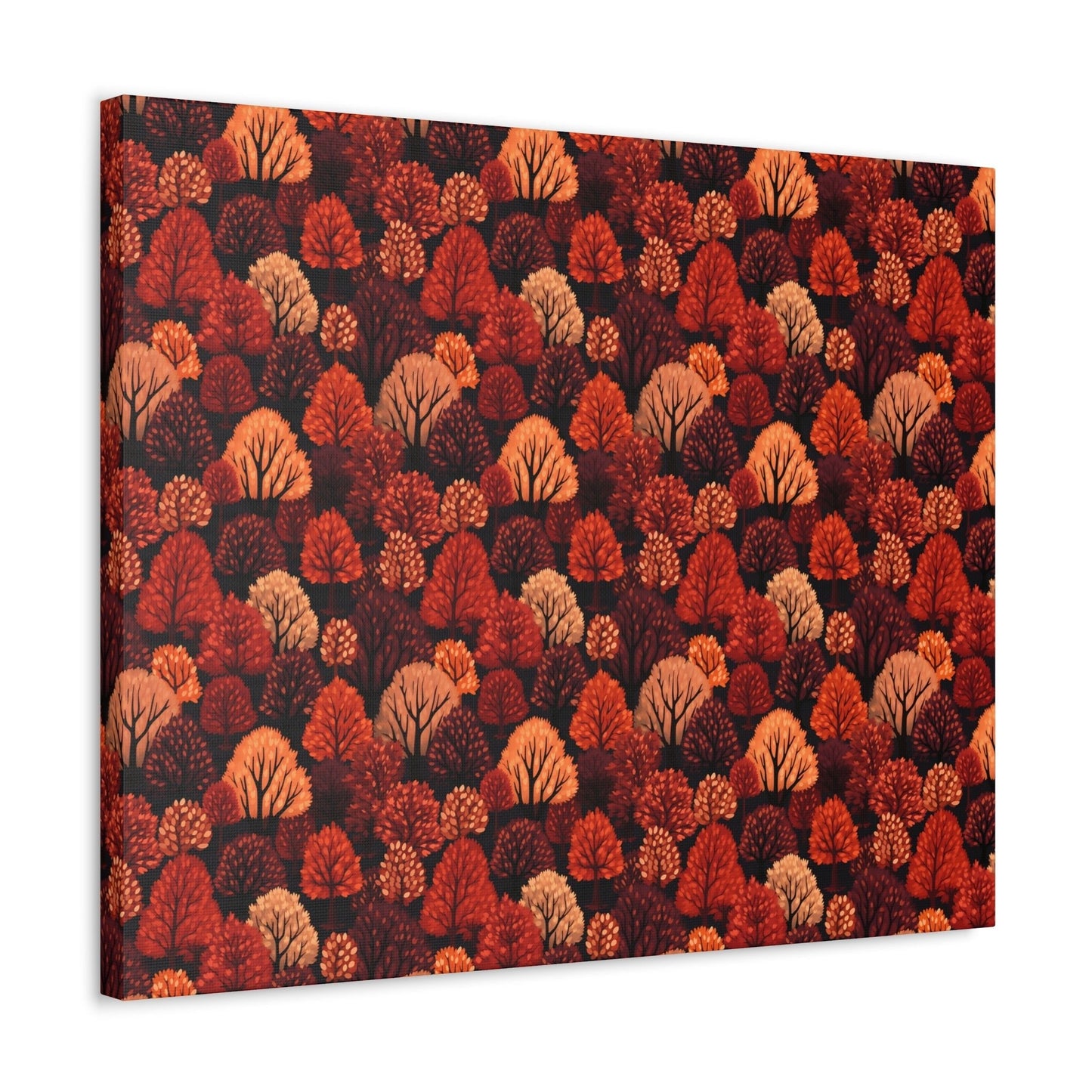 Crimson Forest: Autumn Trees in Vibrant Detail - Satin Canvas, Stretched - Pattern Symphony