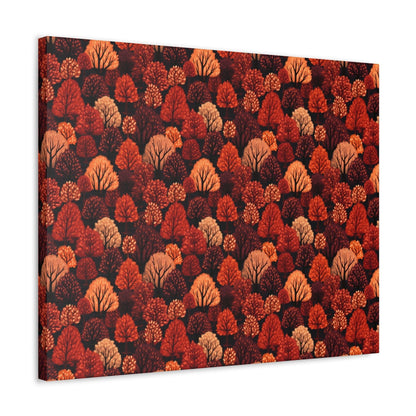 Crimson Forest: Autumn Trees in Vibrant Detail - Satin Canvas, Stretched - Pattern Symphony