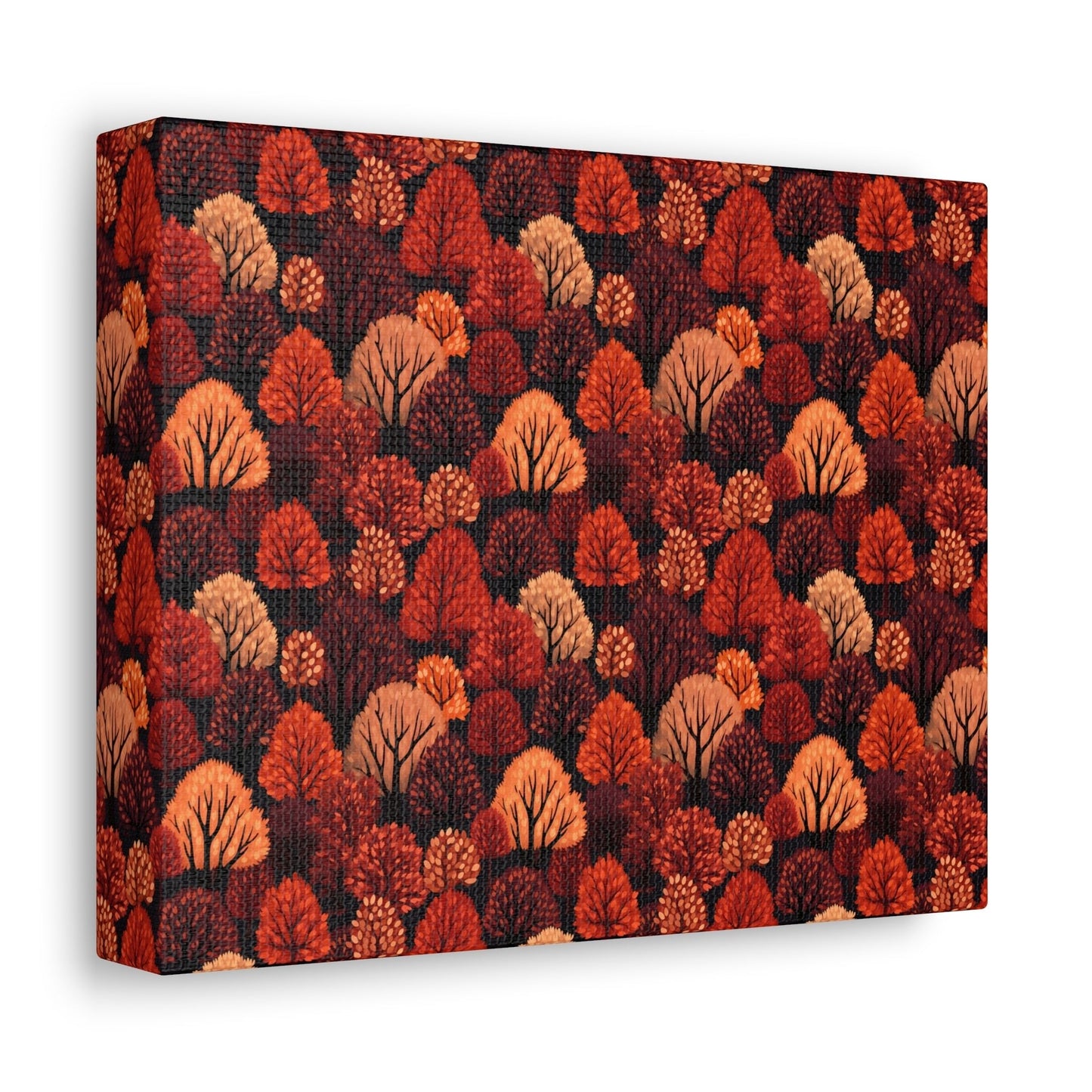 Crimson Forest: Autumn Trees in Vibrant Detail - Satin Canvas, Stretched - Pattern Symphony