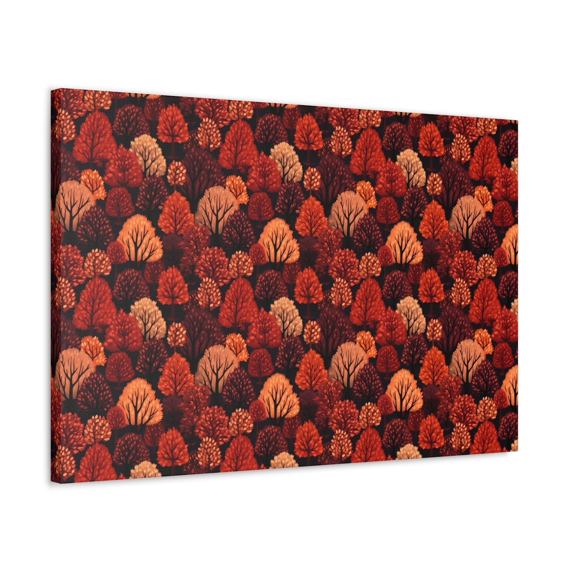 Crimson Forest: Autumn Trees in Vibrant Detail - Satin Canvas, Stretched - Pattern Symphony