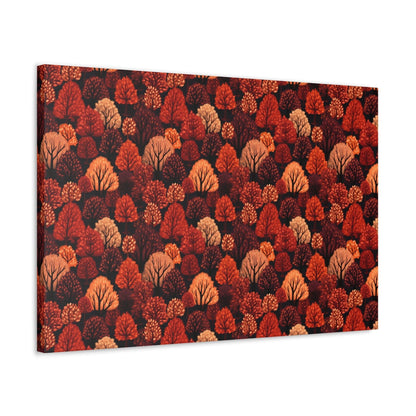 Crimson Forest: Autumn Trees in Vibrant Detail - Satin Canvas, Stretched - Pattern Symphony