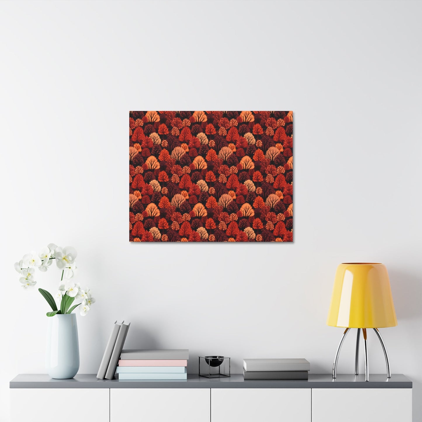 Crimson Forest: Autumn Trees in Vibrant Detail - Satin Canvas, Stretched - Pattern Symphony