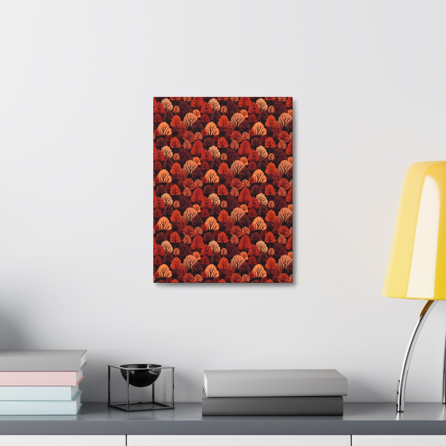 Crimson Forest: Autumn Trees in Vibrant Detail - Satin Canvas, Stretched - Pattern Symphony