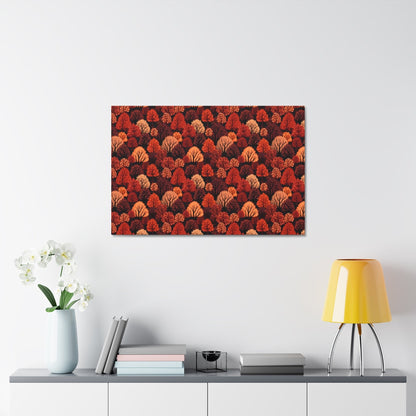 Crimson Forest: Autumn Trees in Vibrant Detail - Satin Canvas, Stretched - Pattern Symphony