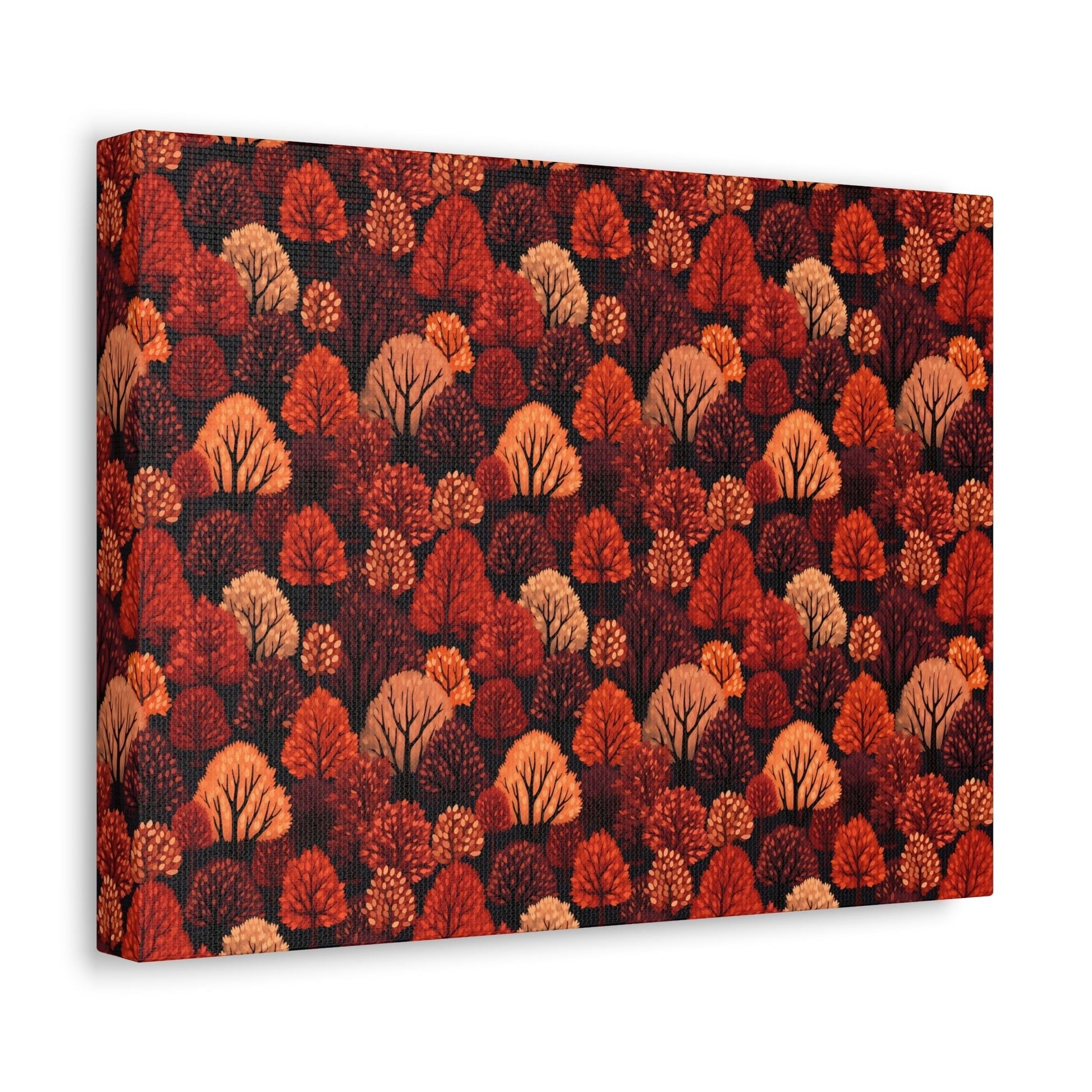 Crimson Forest: Autumn Trees in Vibrant Detail - Satin Canvas, Stretched - Pattern Symphony