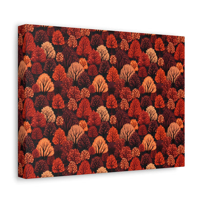 Crimson Forest: Autumn Trees in Vibrant Detail - Satin Canvas, Stretched - Pattern Symphony