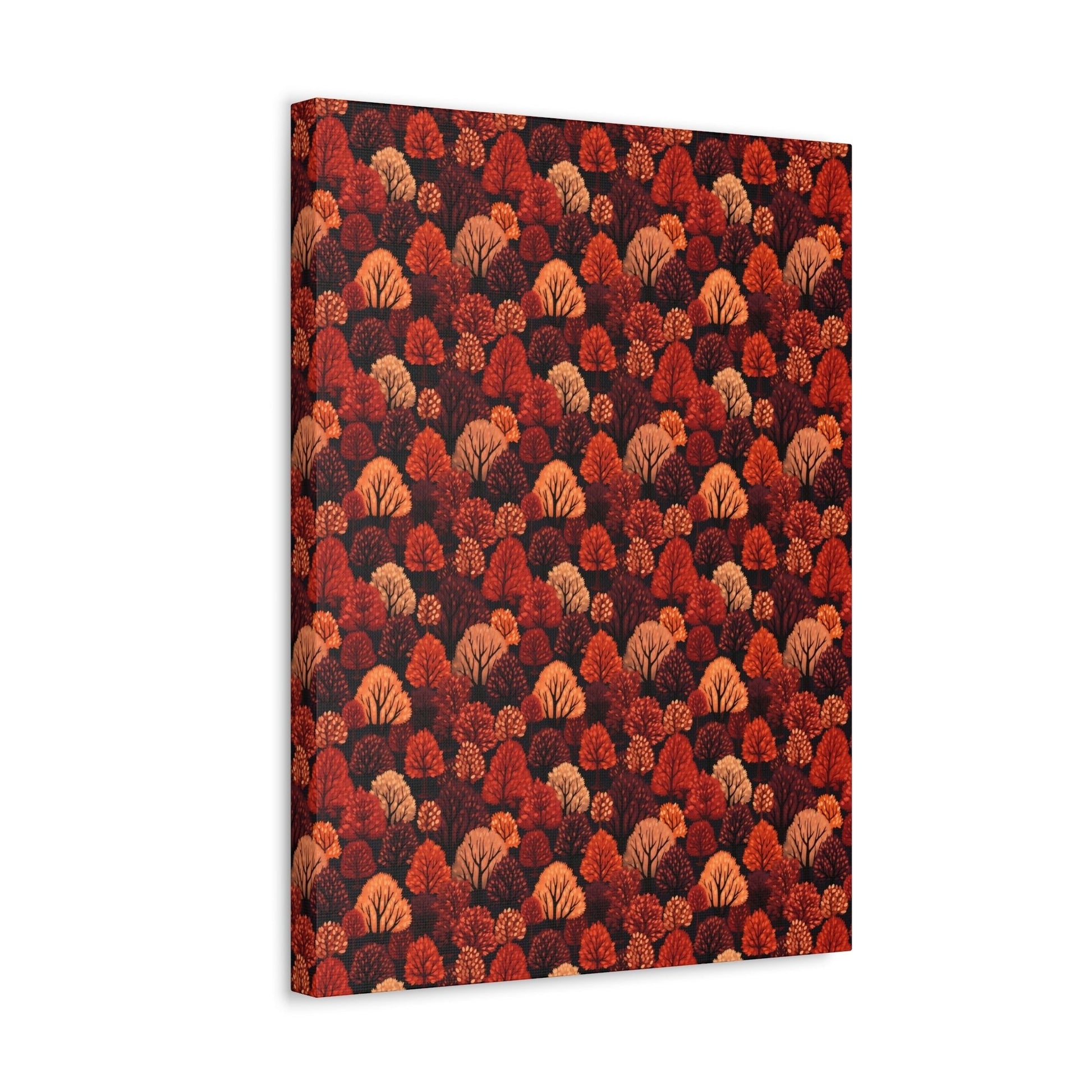 Crimson Forest: Autumn Trees in Vibrant Detail - Satin Canvas, Stretched - Pattern Symphony