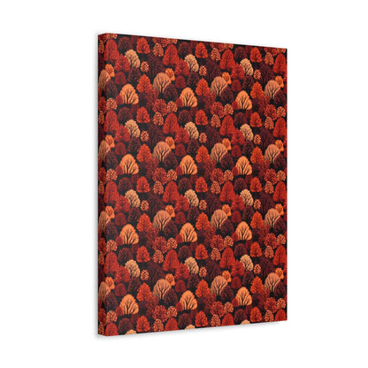 Crimson Forest: Autumn Trees in Vibrant Detail - Satin Canvas, Stretched - Pattern Symphony