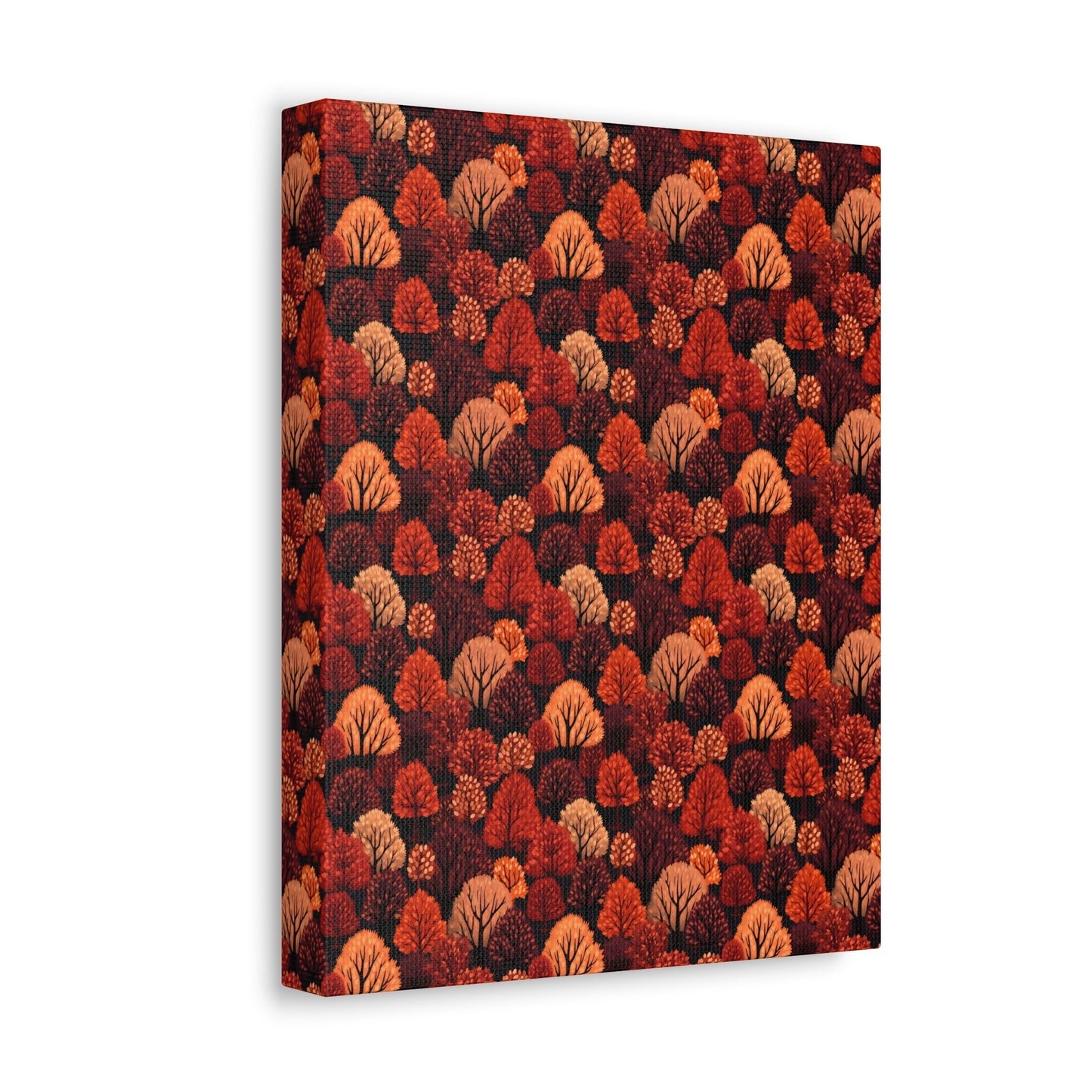 Crimson Forest: Autumn Trees in Vibrant Detail - Satin Canvas, Stretched - Pattern Symphony