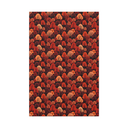 Crimson Forest: Autumn Trees in Vibrant Detail - Satin Canvas, Stretched - Pattern Symphony