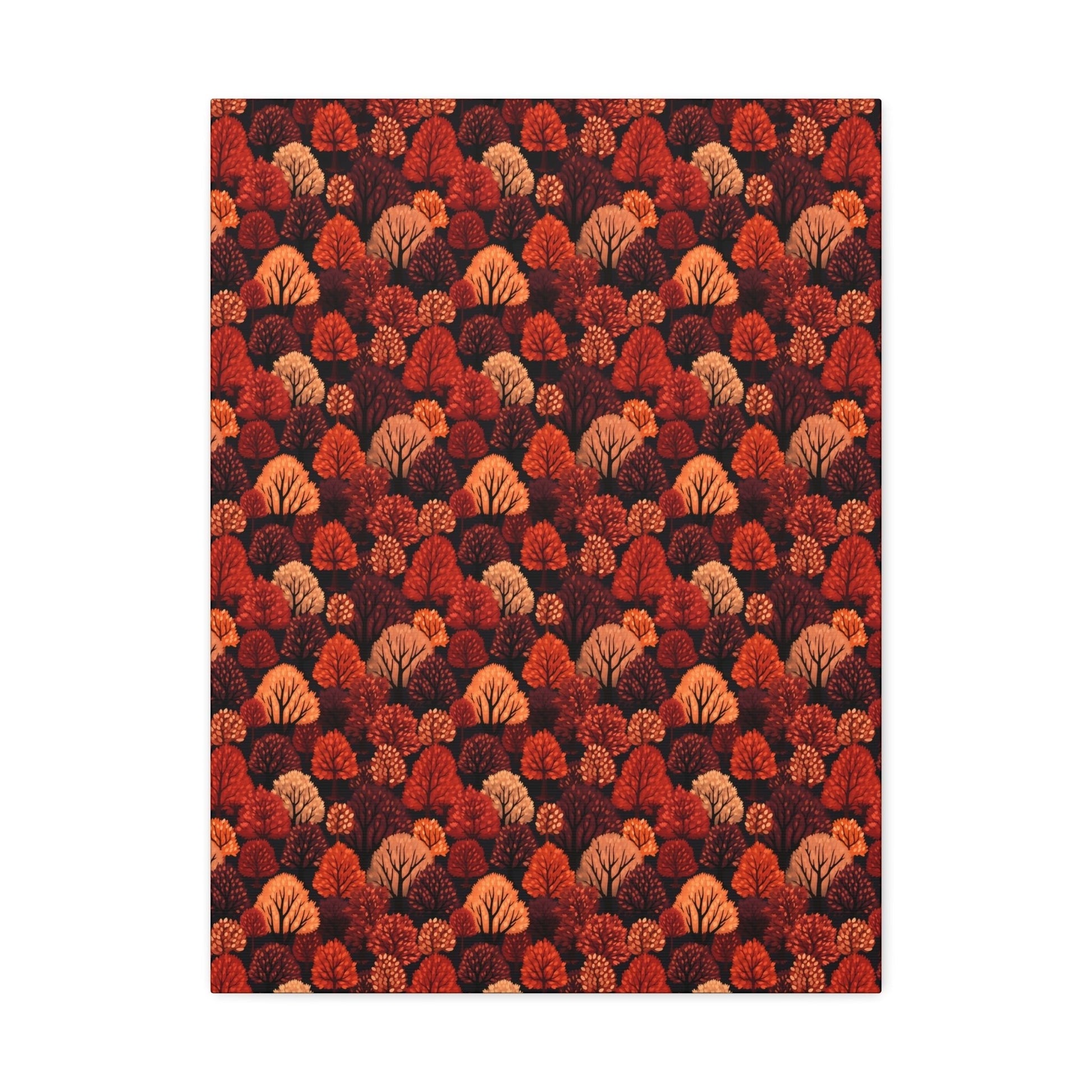 Crimson Forest: Autumn Trees in Vibrant Detail - Satin Canvas, Stretched - Pattern Symphony