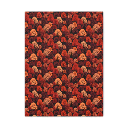 Crimson Forest: Autumn Trees in Vibrant Detail - Satin Canvas, Stretched - Pattern Symphony