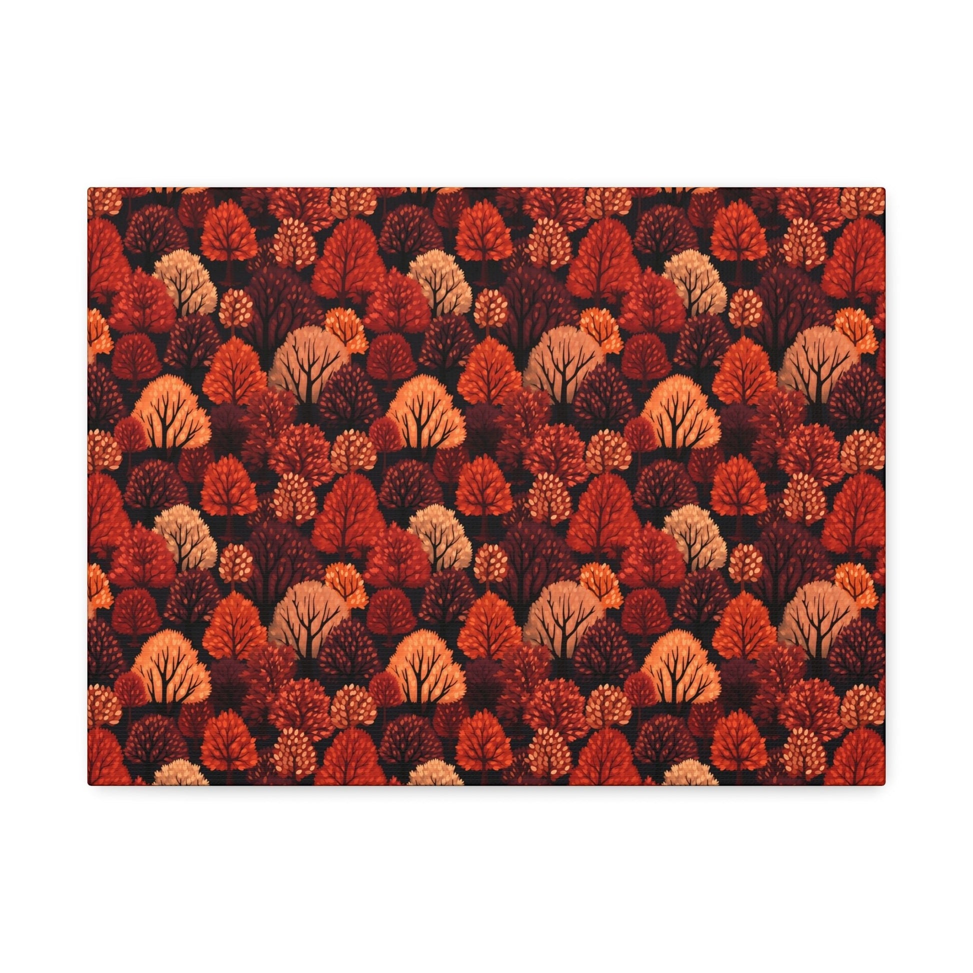 Crimson Forest: Autumn Trees in Vibrant Detail - Satin Canvas, Stretched - Pattern Symphony