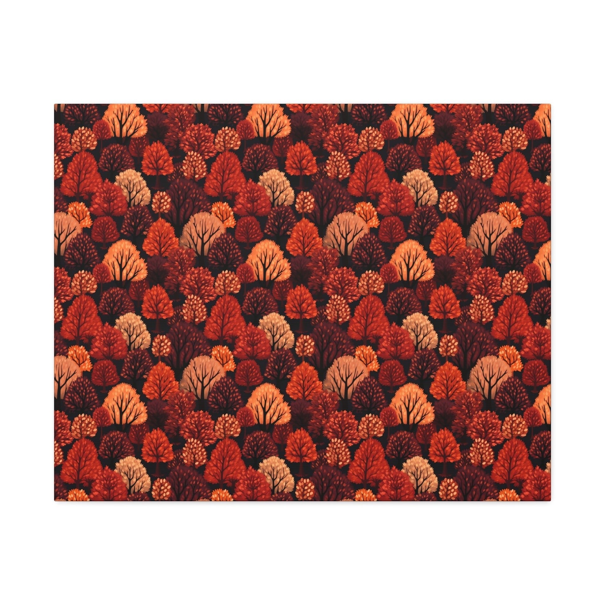 Crimson Forest: Autumn Trees in Vibrant Detail - Satin Canvas, Stretched - Pattern Symphony