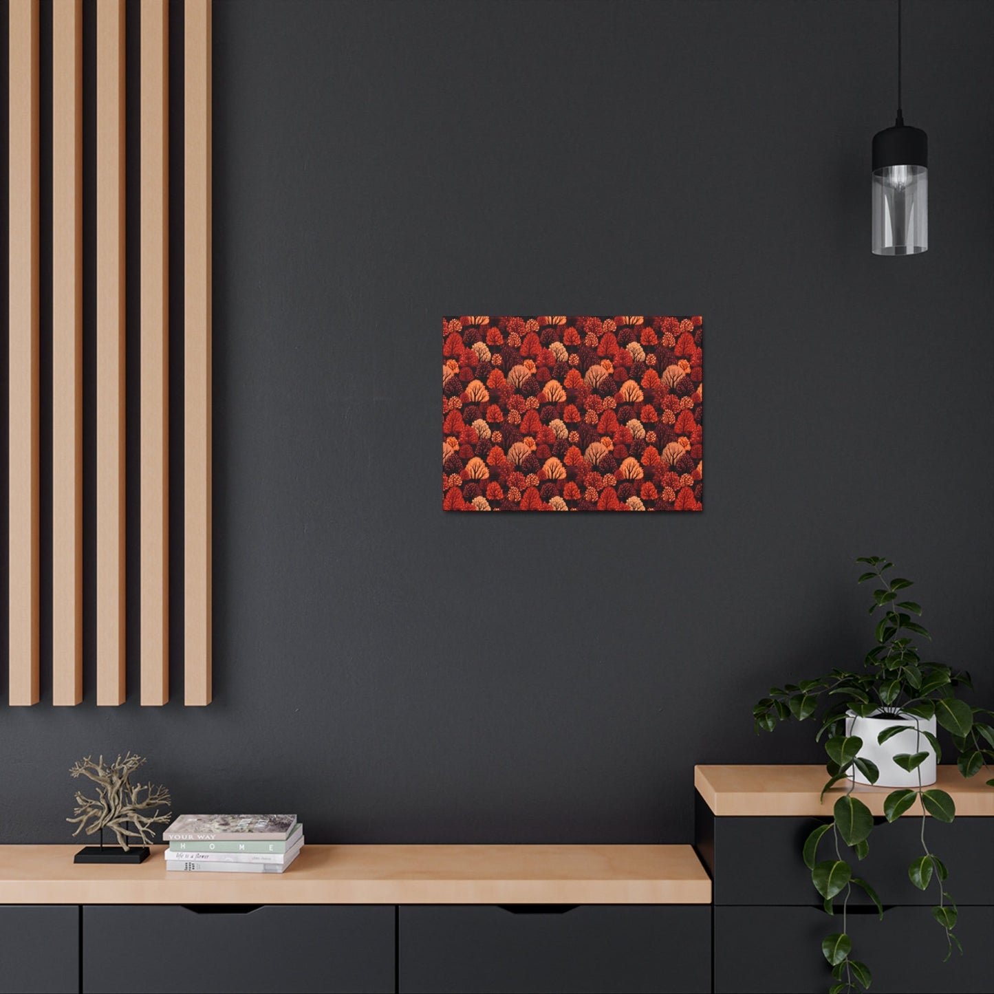 Crimson Forest: Autumn Trees in Vibrant Detail - Satin Canvas, Stretched - Pattern Symphony