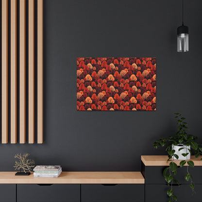 Crimson Forest: Autumn Trees in Vibrant Detail - Satin Canvas, Stretched - Pattern Symphony