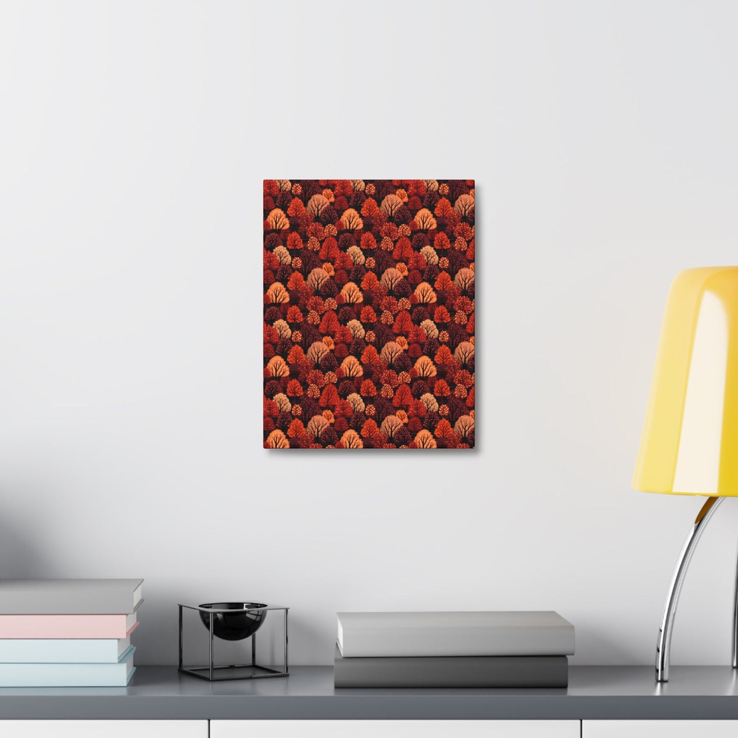 Crimson Forest: Autumn Trees in Vibrant Detail - Satin Canvas, Stretched - Pattern Symphony