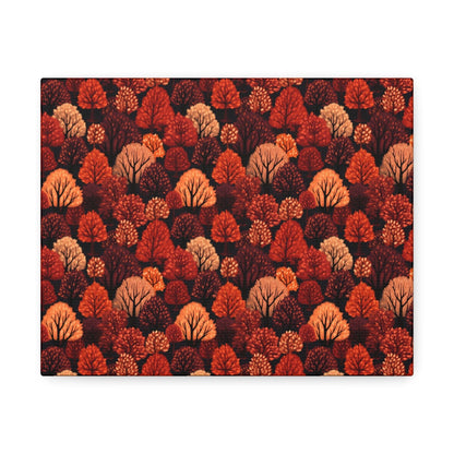 Crimson Forest: Autumn Trees in Vibrant Detail - Satin Canvas, Stretched - Pattern Symphony