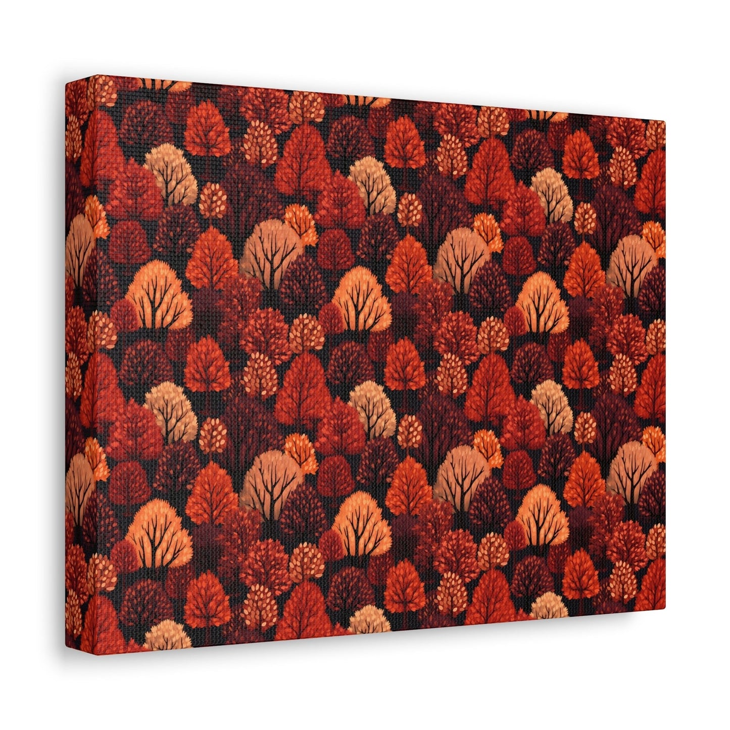 Crimson Forest: Autumn Trees in Vibrant Detail - Satin Canvas, Stretched - Pattern Symphony