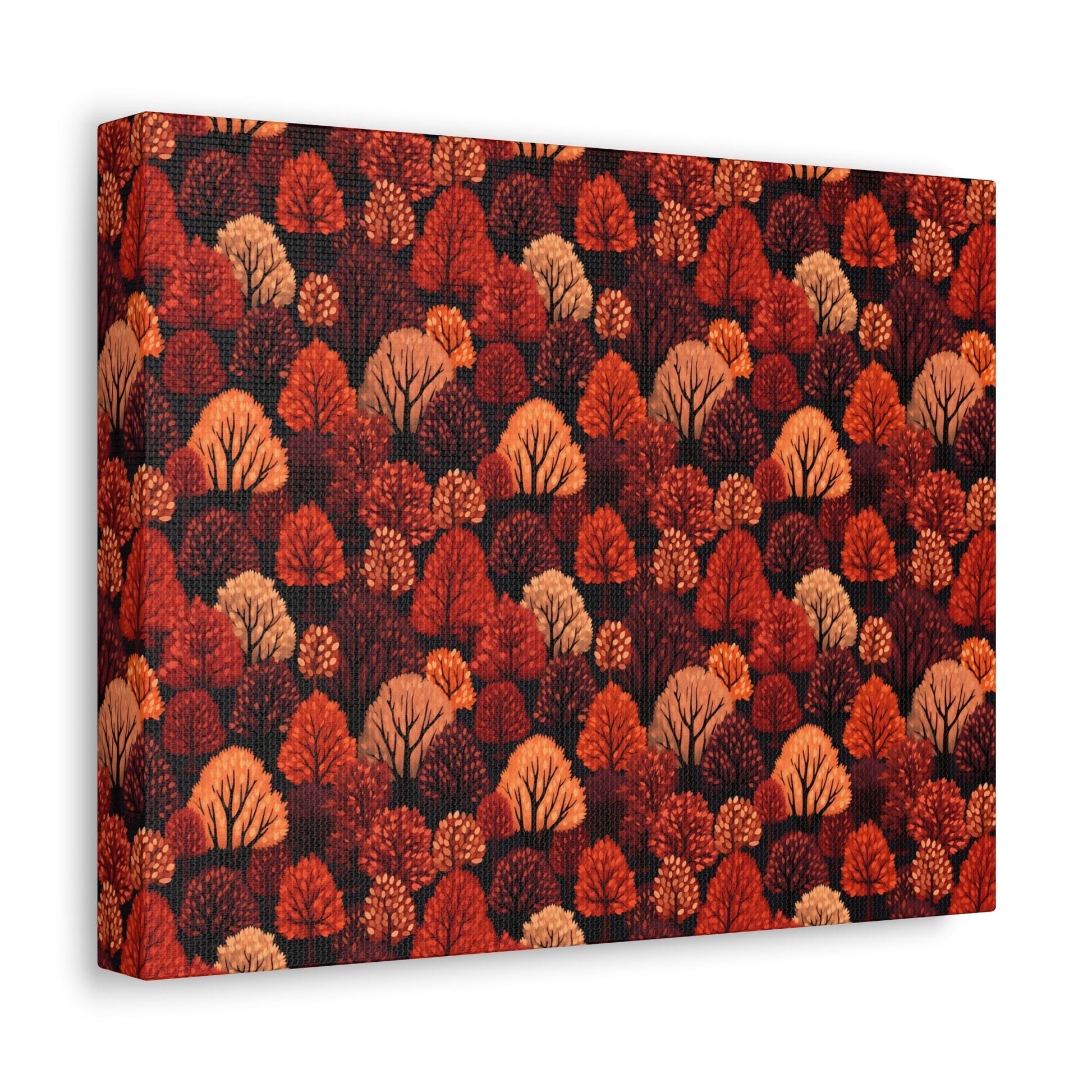 Crimson Forest: Autumn Trees in Vibrant Detail - Satin Canvas, Stretched - Pattern Symphony