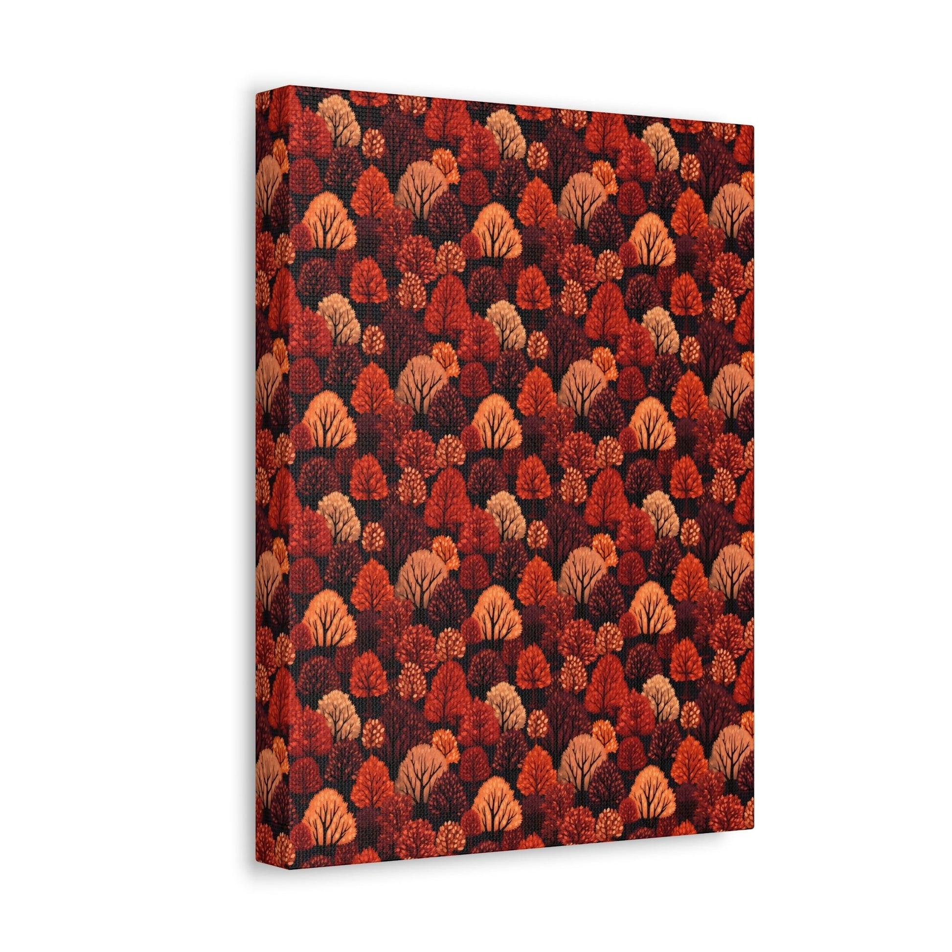 Crimson Forest: Autumn Trees in Vibrant Detail - Satin Canvas, Stretched - Pattern Symphony