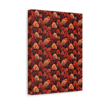 Crimson Forest: Autumn Trees in Vibrant Detail - Satin Canvas, Stretched - Pattern Symphony