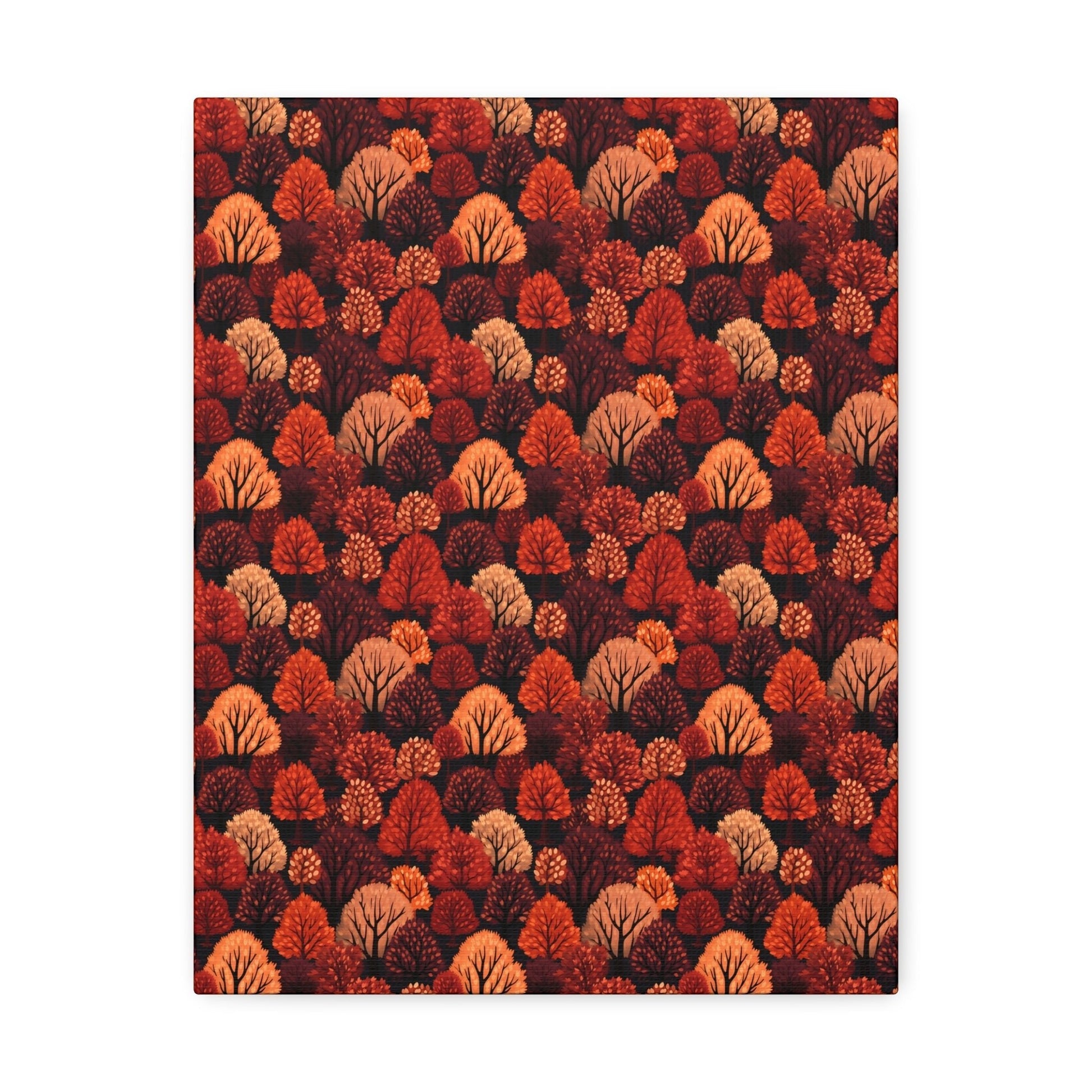 Crimson Forest: Autumn Trees in Vibrant Detail - Satin Canvas, Stretched - Pattern Symphony