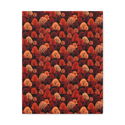 Crimson Forest: Autumn Trees in Vibrant Detail - Satin Canvas, Stretched - Pattern Symphony