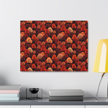 Crimson Forest: Autumn Trees in Vibrant Detail - Satin Canvas, Stretched - Pattern Symphony