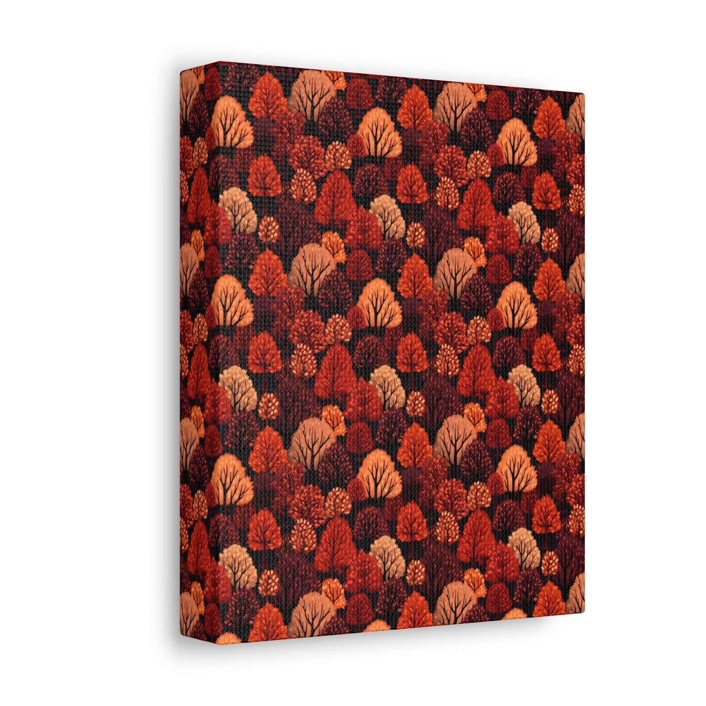 Crimson Forest: Autumn Trees in Vibrant Detail - Satin Canvas, Stretched - Pattern Symphony