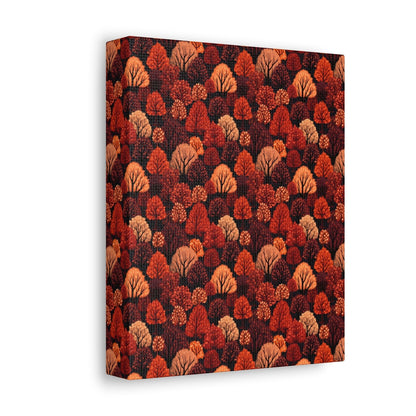 Crimson Forest: Autumn Trees in Vibrant Detail - Satin Canvas, Stretched - Pattern Symphony