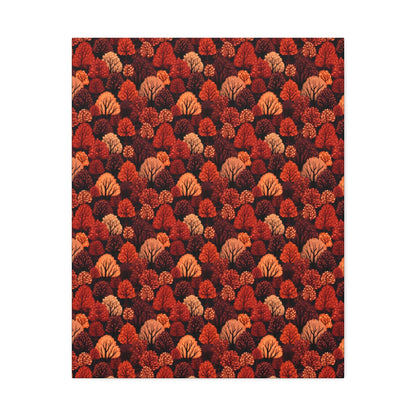 Crimson Forest: Autumn Trees in Vibrant Detail - Satin Canvas, Stretched - Pattern Symphony