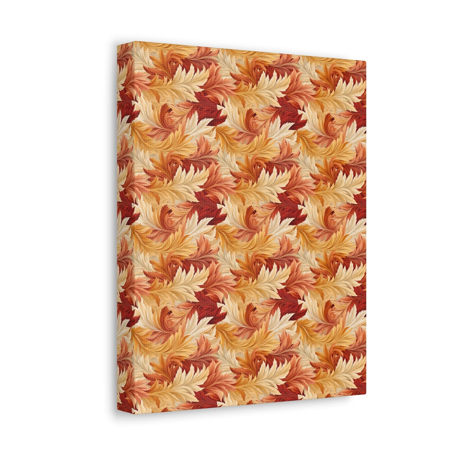 Feathered Foliage: Rococo-Inspired Autumn Patterns - Satin Canvas, Stretched - Pattern Symphony