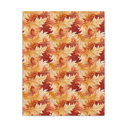 Feathered Foliage: Rococo-Inspired Autumn Patterns - Satin Canvas, Stretched - Pattern Symphony